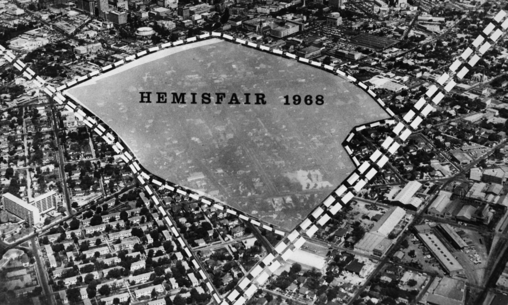 . Aerial shot of city with typed HEMISFAIR 1968 .