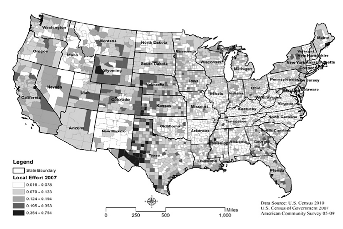 United States map showing decentralization and spatial inequality