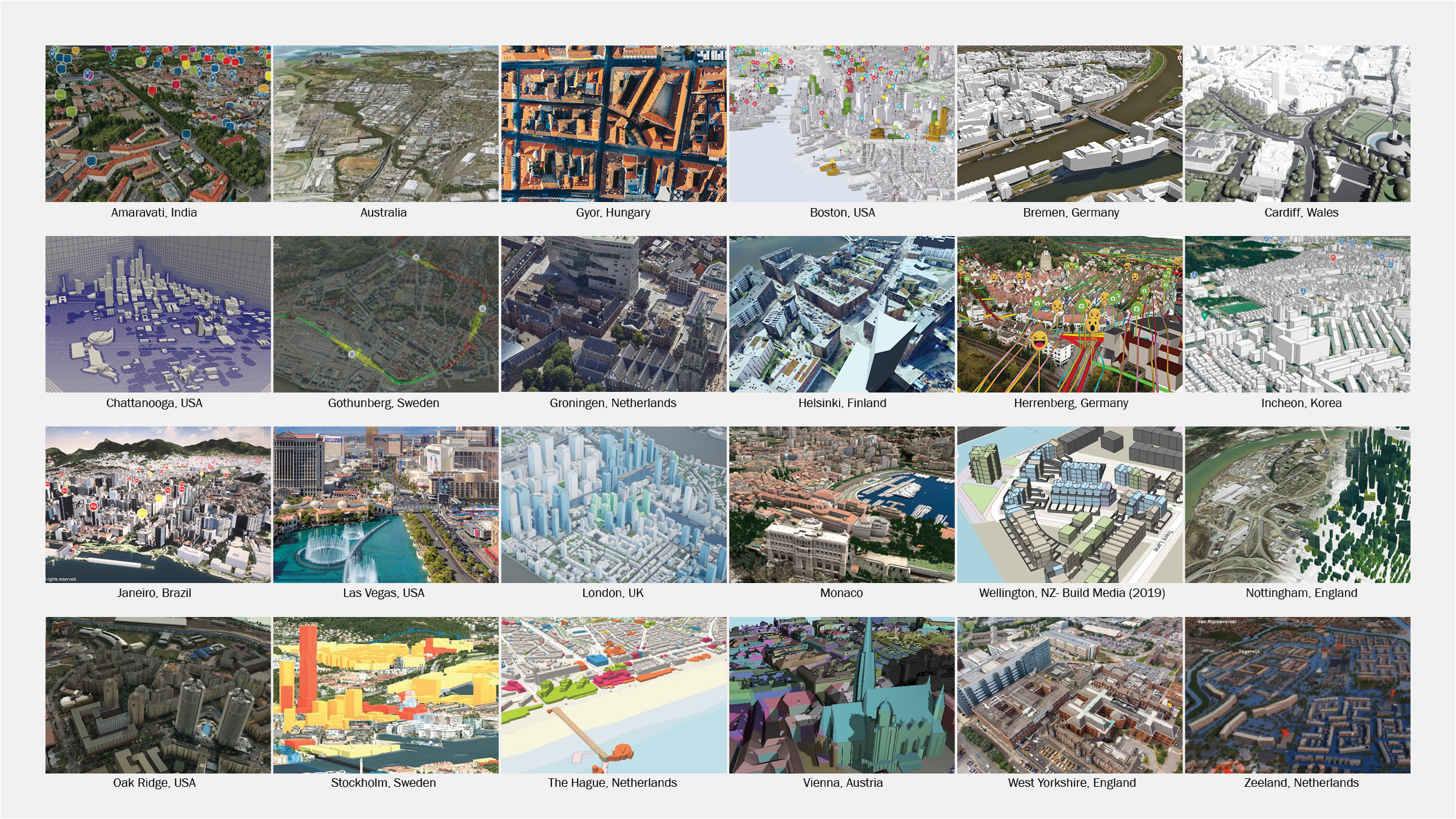 Catalog of urban simulation case studies, showing recent "Digital Twin" projects. 