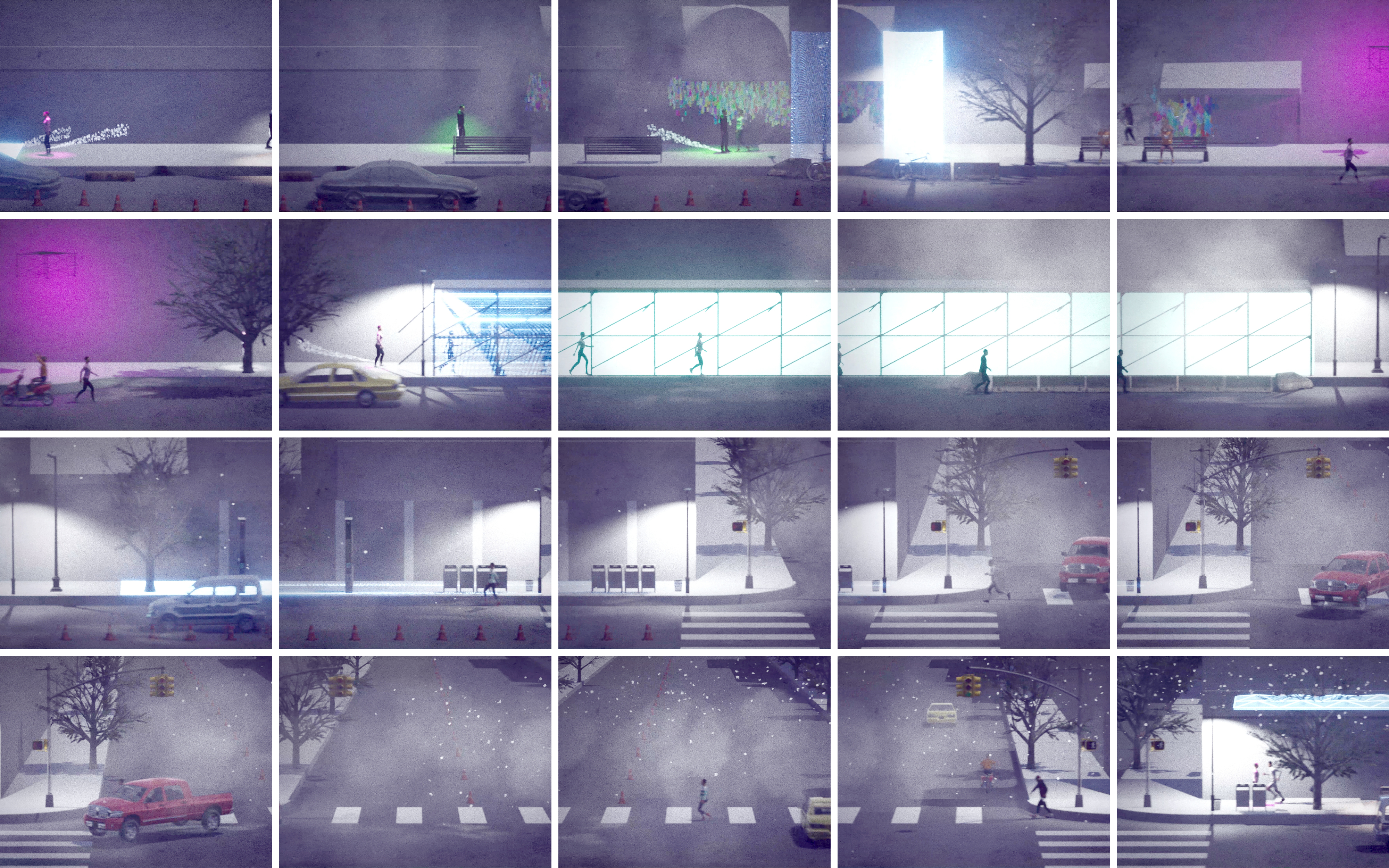 A More Responsive Street. Video frames of street simulation from real-time application showing experiences triggered by pedestrians. Kunal Rajesh Mokasdar and Elie Zeinoun.