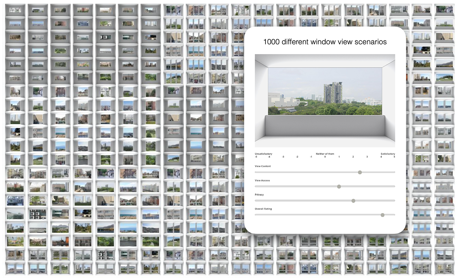 Array of small pictures showing spaces and different window views and a chart that displays view satisfaction