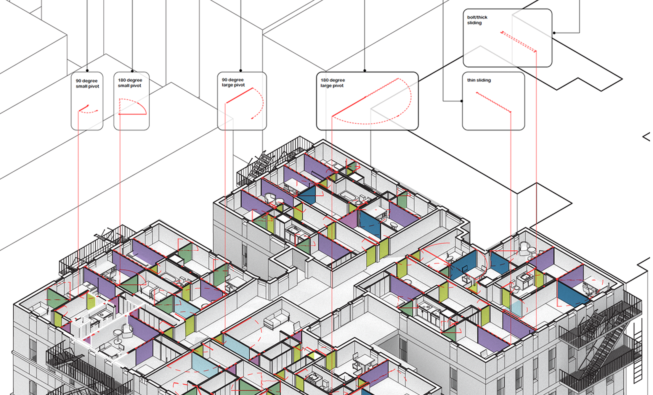 Axonometric building plan highlighting flexible partition walls.