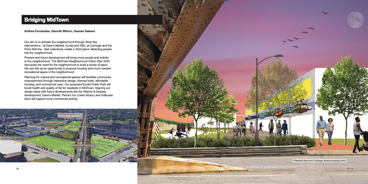 A vision plan showing a revitalized MidTown Cleveland streetscape with retail, green space, and community activity under a railway bridge.