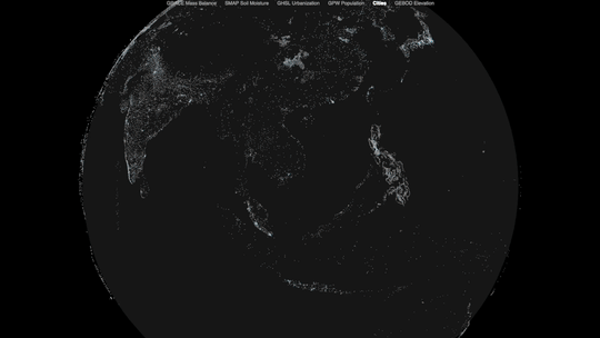 An animation of layers of global data visualizations including global water mass change, changes in ground precipitation, and population density