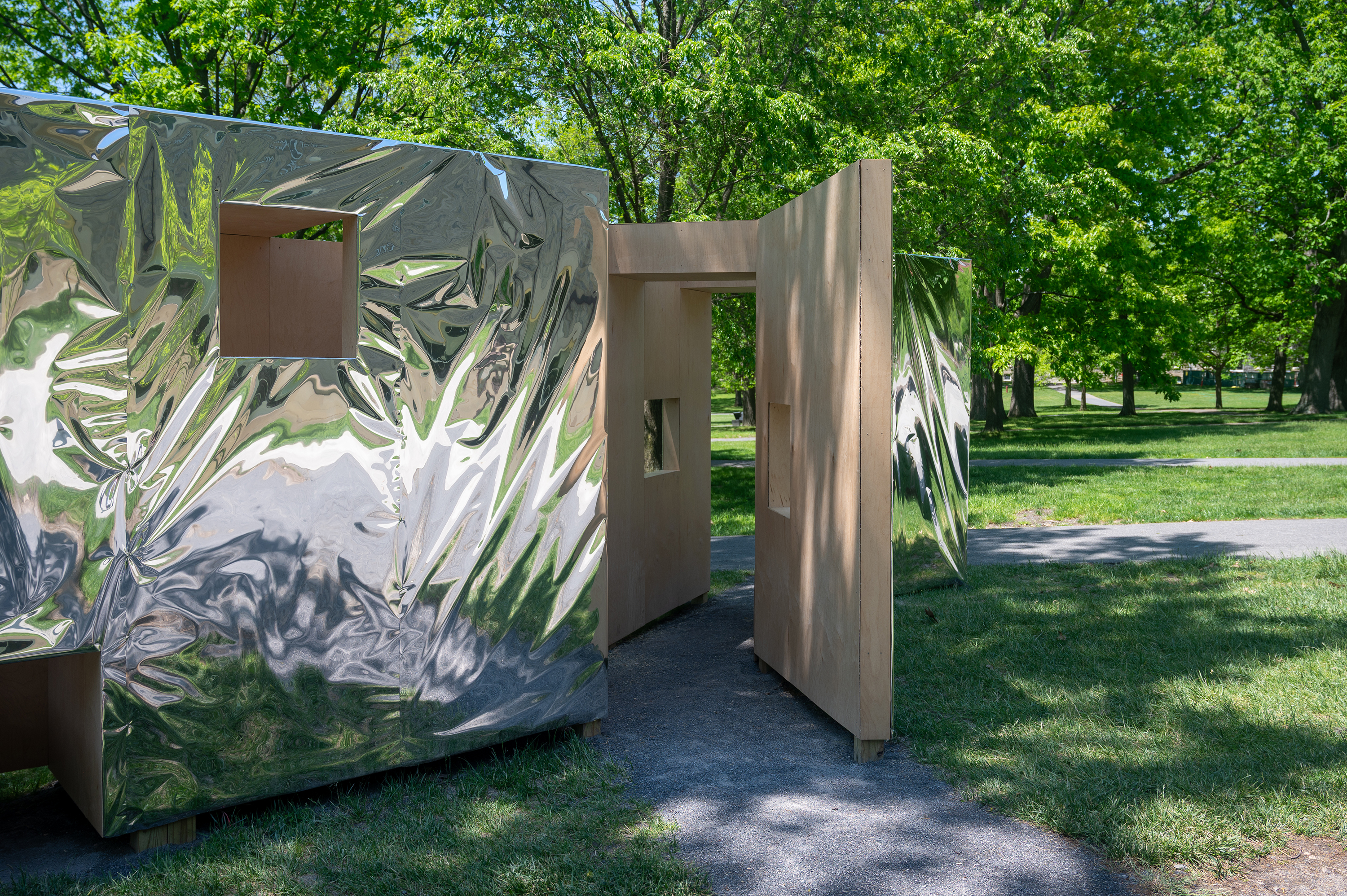 timber structure with reflective exterior