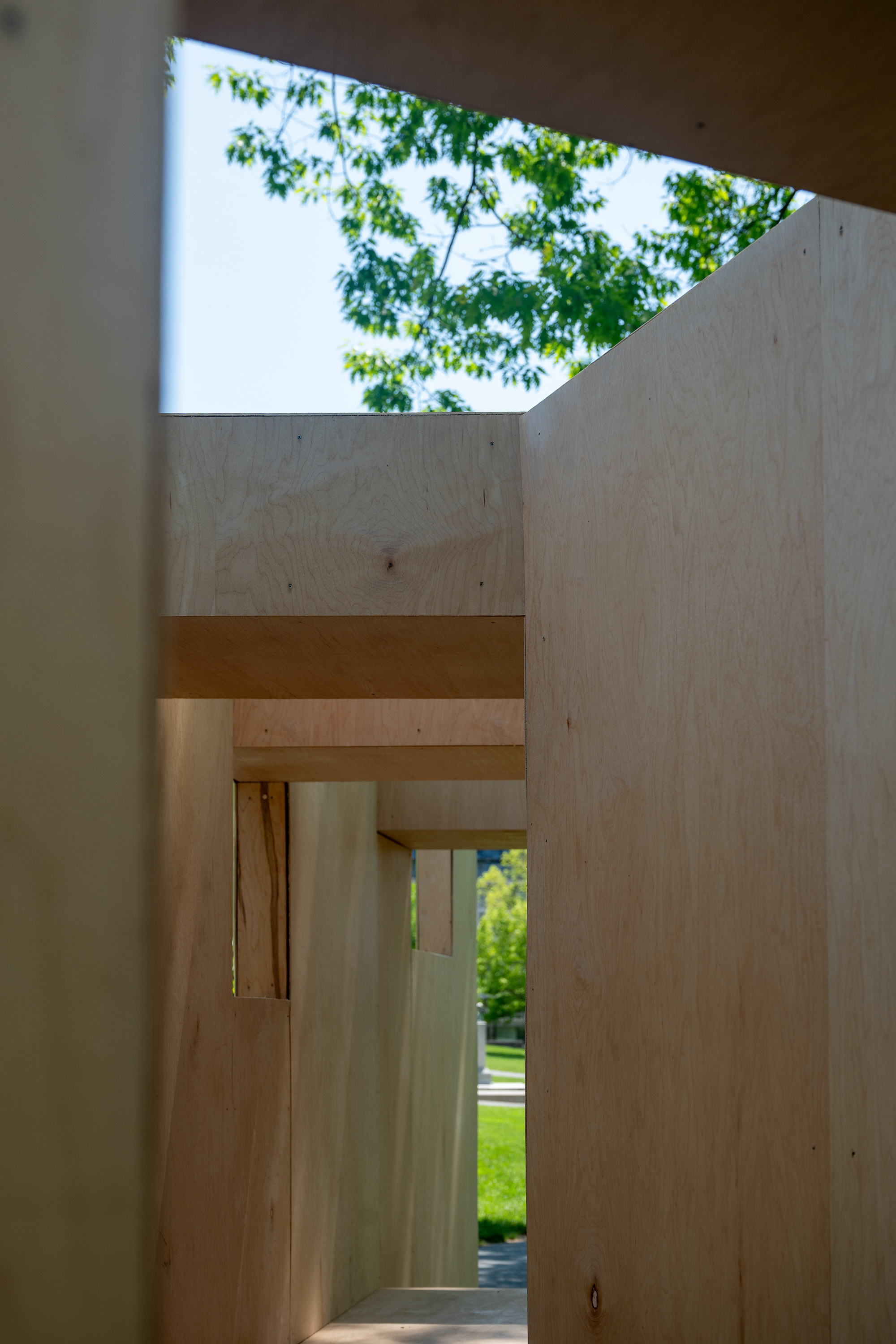 interior of wooden pavilion with views to the sky and trees