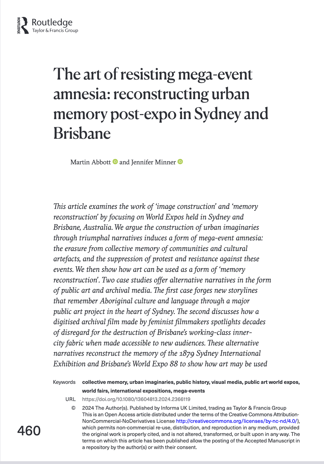 Front page of article - art of resisting mega-events amnesia