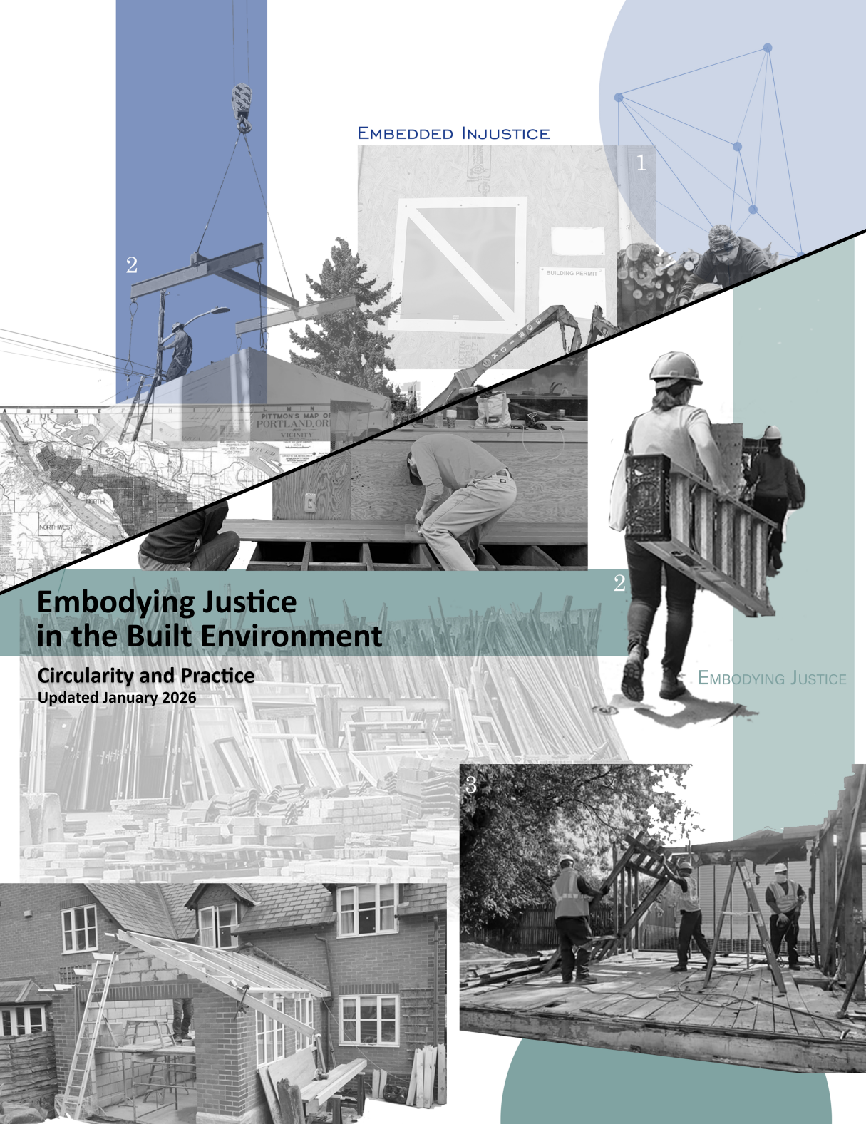 Cover of Embodying Justice in the Built Environment: Circularity in Practice. Image shows collage of people engaged in construction.