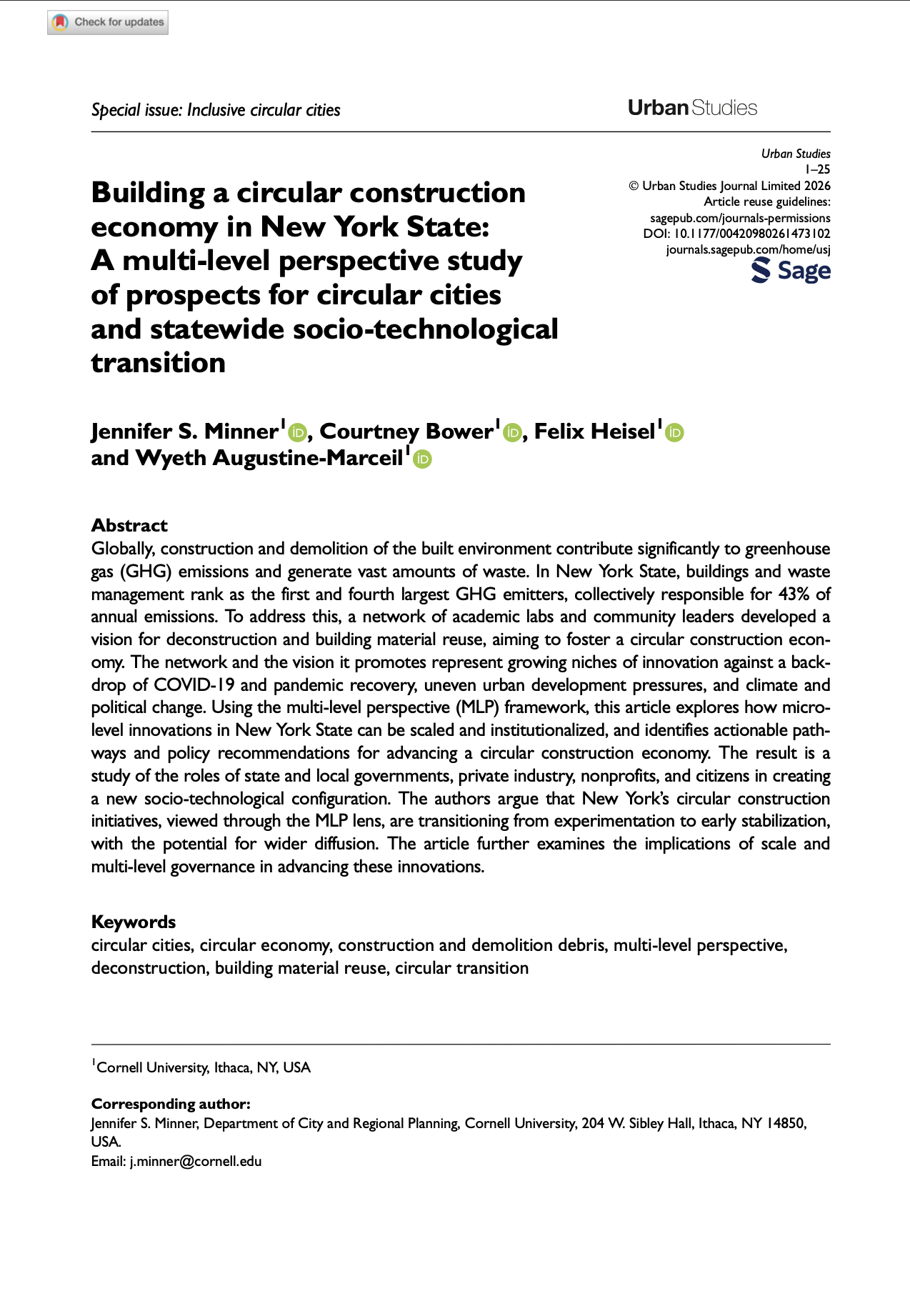 First page of the article "Building a circular construction economy in New York State: A multi-level perspective study  of prospects for circular cities and statewide socio-technological transition