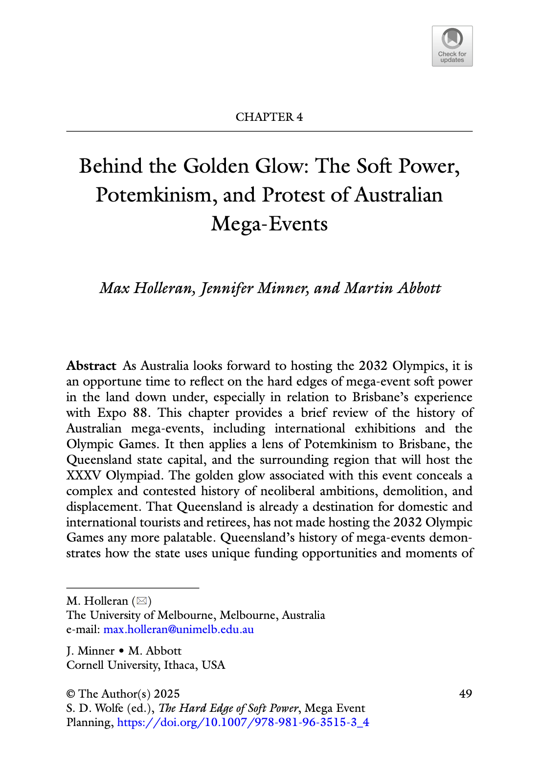 Cover of Book Chapter about Australian mega-events