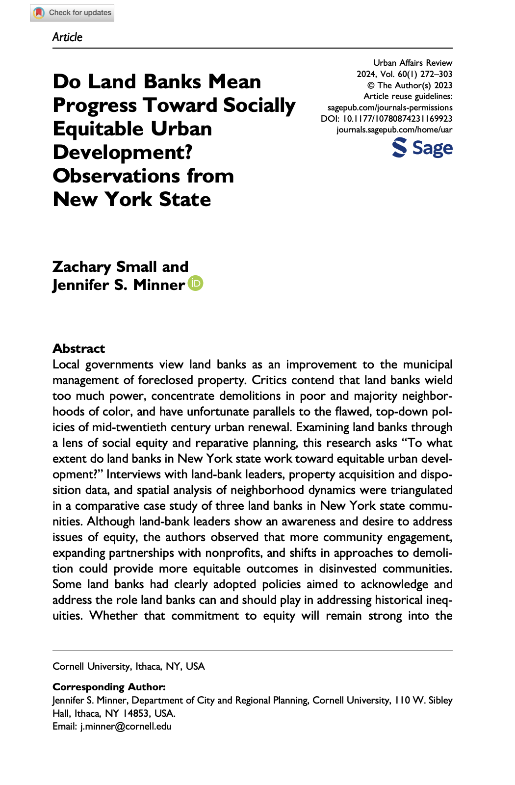 Cover of the article Do Land Banks Mean Progress Toward Socially Equitable Urban Development? Observations from New York State