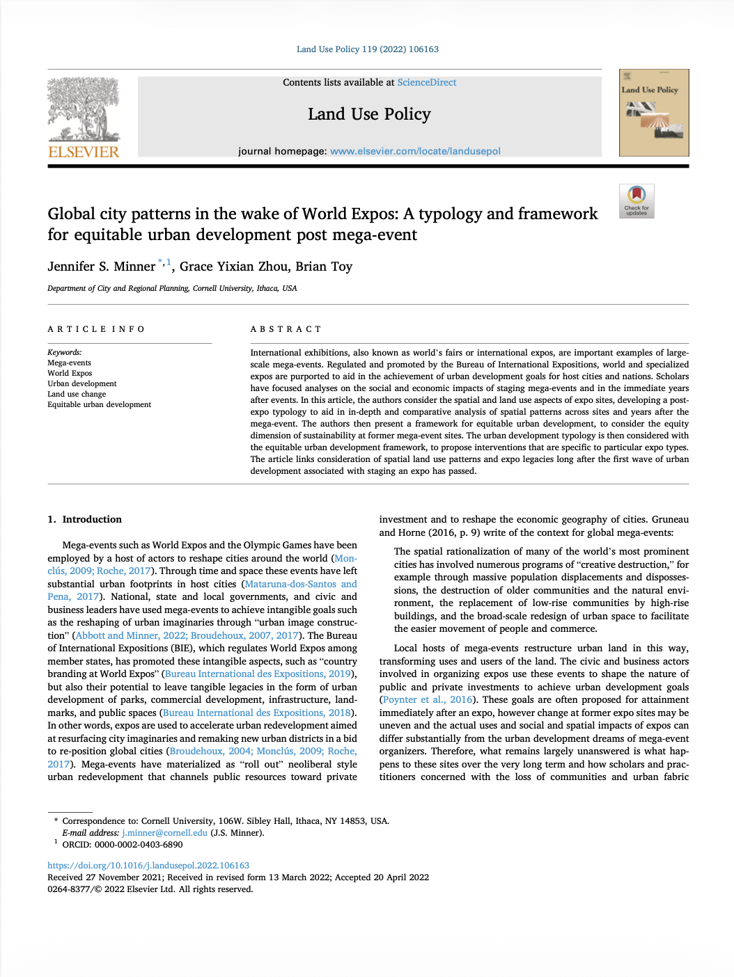 Cover of article in Land Use Policy