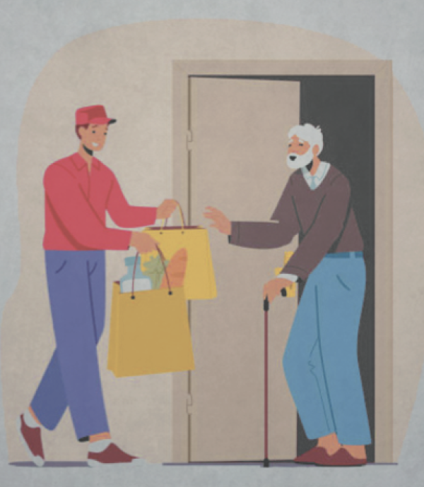 The image shows an illustration of a young delivery person, wearing a red cap and a blue uniform, handing over a yellow shopping bag to an older ph white hair and a mustache.