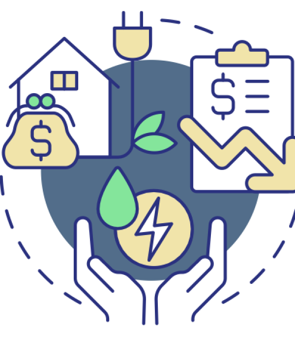  An iconographic image featuring elements of personal finance and energy efficiency: a house with a money bag, a plug with leaves, hands holding a lightning bolt, and a clipboard with a graph.