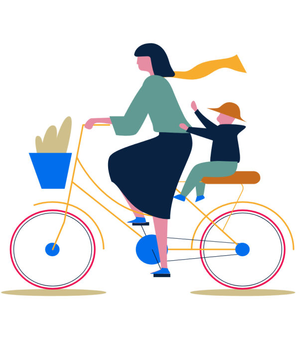 An illustration of a woman and child on a bicycle, featuring a front basket with a baguette and colorful wheels.