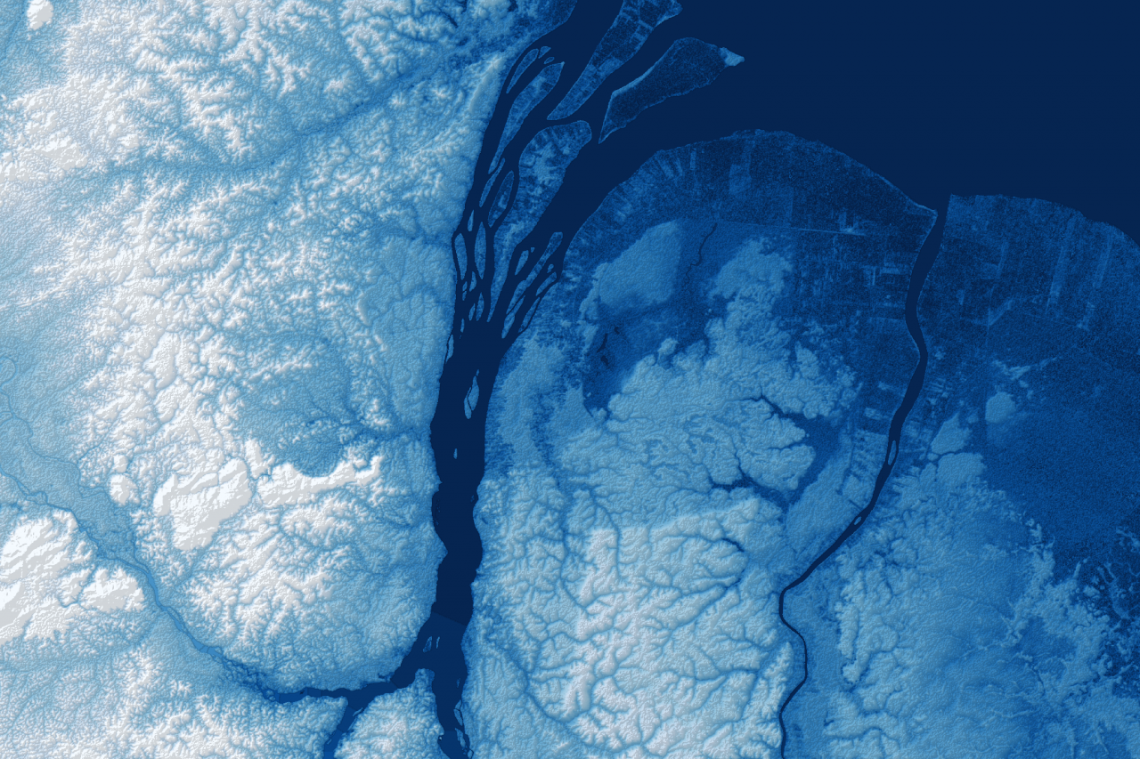 Blue elevation map of Guianas