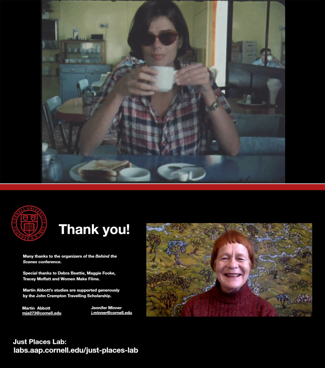Two images. On the top is an image of the director Debra Beattie in her film Expo Schmexpo. On the bottom is a slide from Martin Abbott and Jennifer Minner's presentation.