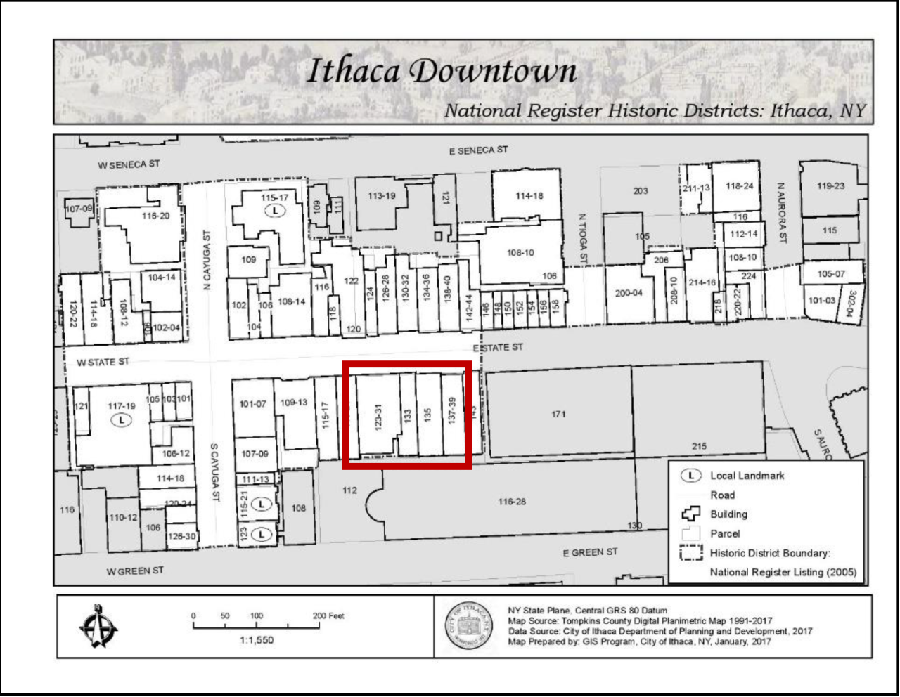 Sage Block buildings located on downtown Ithaca map.