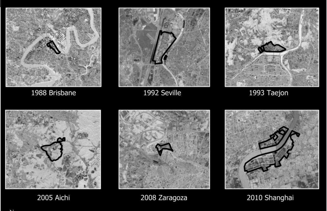 Image showing the outlines of six former international exhibition or expo sites.