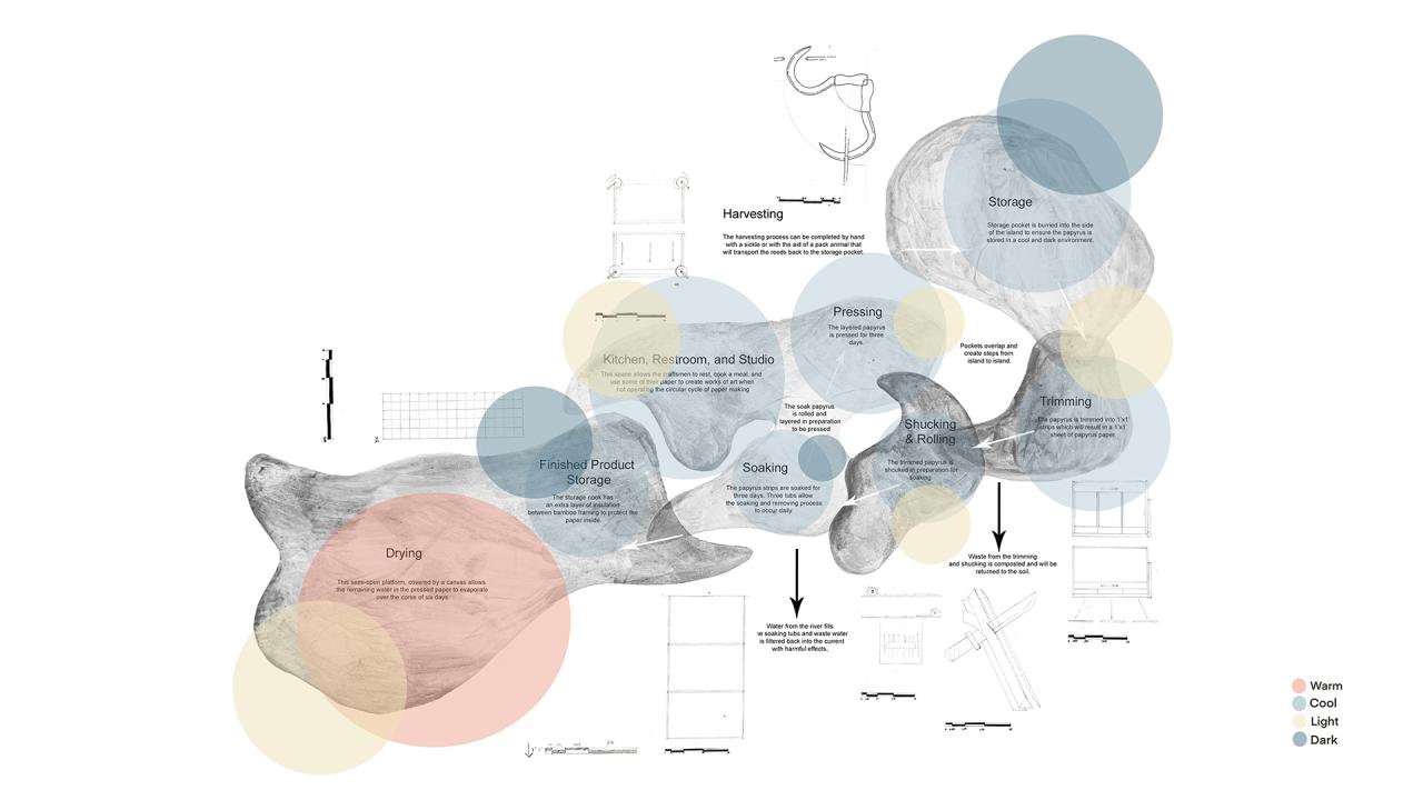 Life cycle drawing of the material reed, and corresponding spatial analyses of craftsperson’s workshop. Image Credit: Rainey Oldfield.