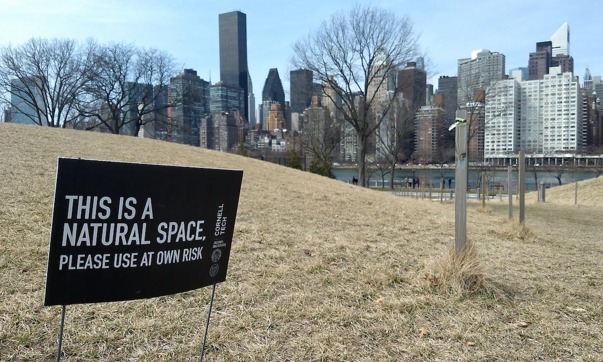 Sign saying This is a Nature Space, Please Use at Own Risk at Cornell Tech