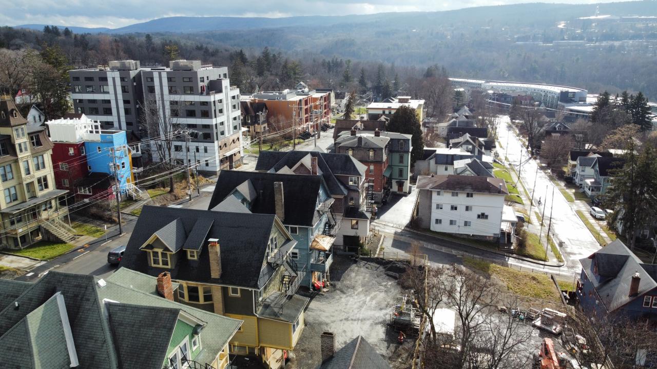 Drone image of Collegetown, Ithaca