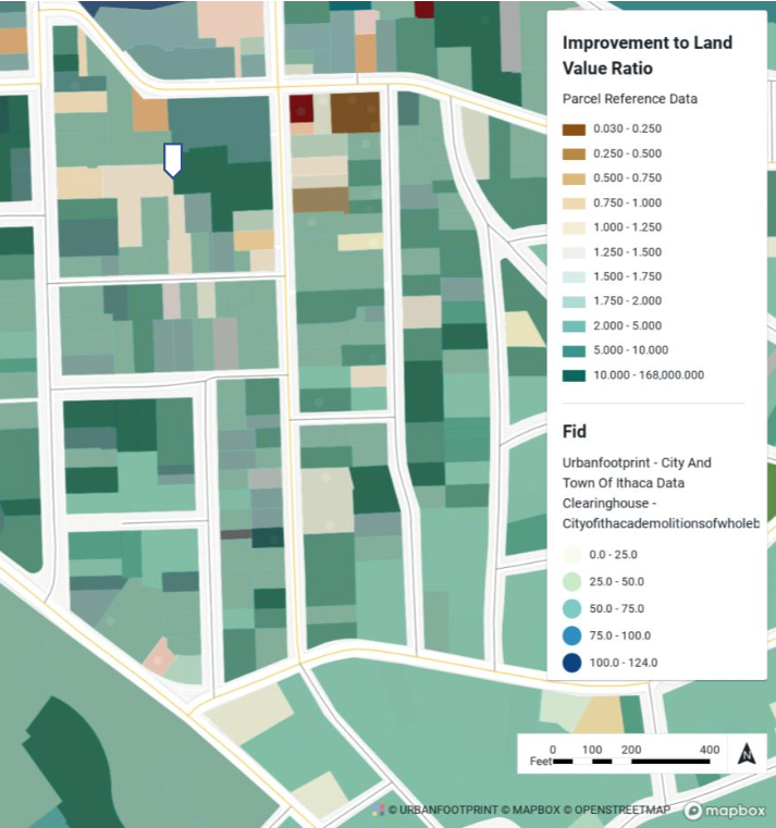 Improvement to Land Value Ratio is low owing to aging property.Source: Urban Footprint