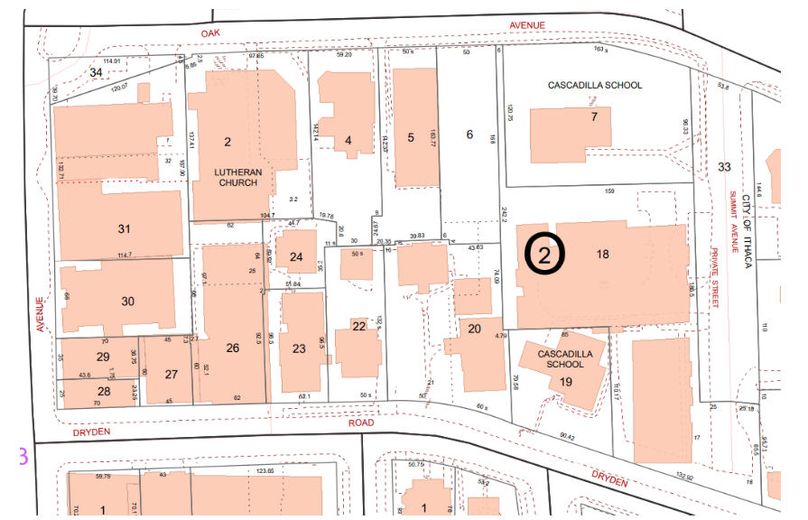 Courtesy of Tompkins County Tax Maps. Close up of City of Ithaca Tax Map #64. The parcel to the lower right that says "Cascadilla School" and "19" on it is 228 Dryden.
