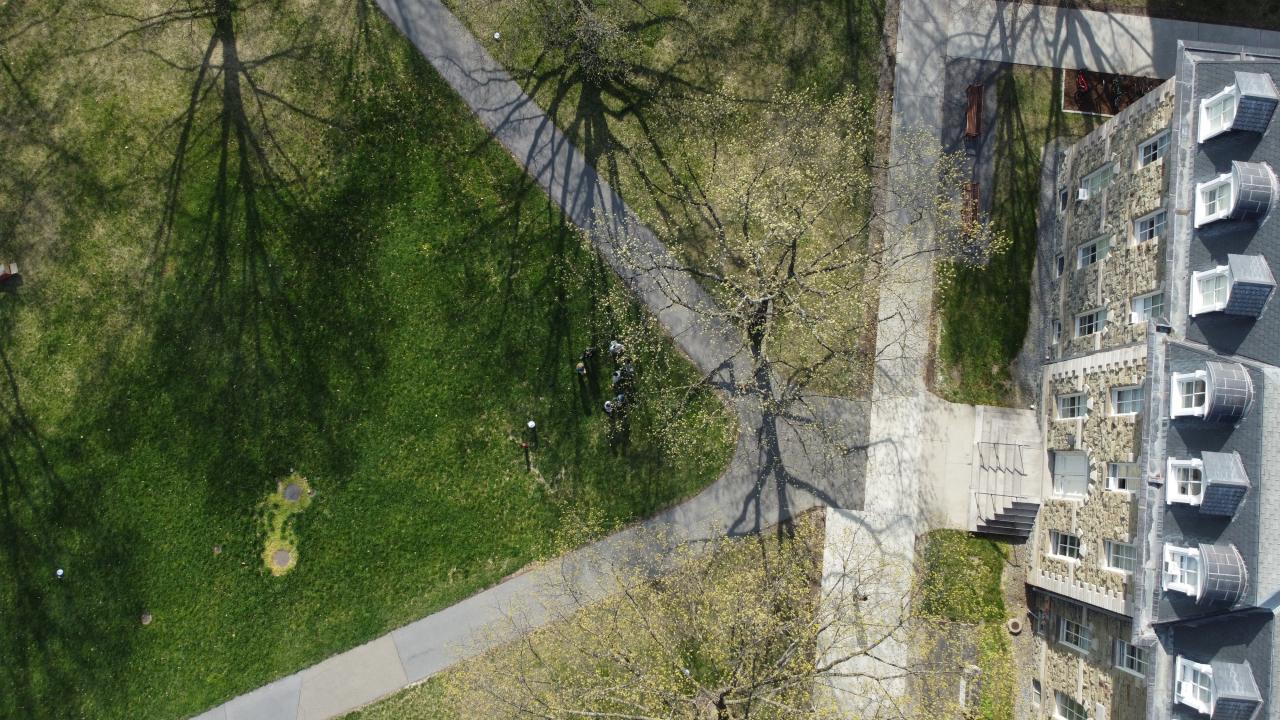 Drone image showing a portion of the Arts Quad and the entrance to West Sibley Hall.