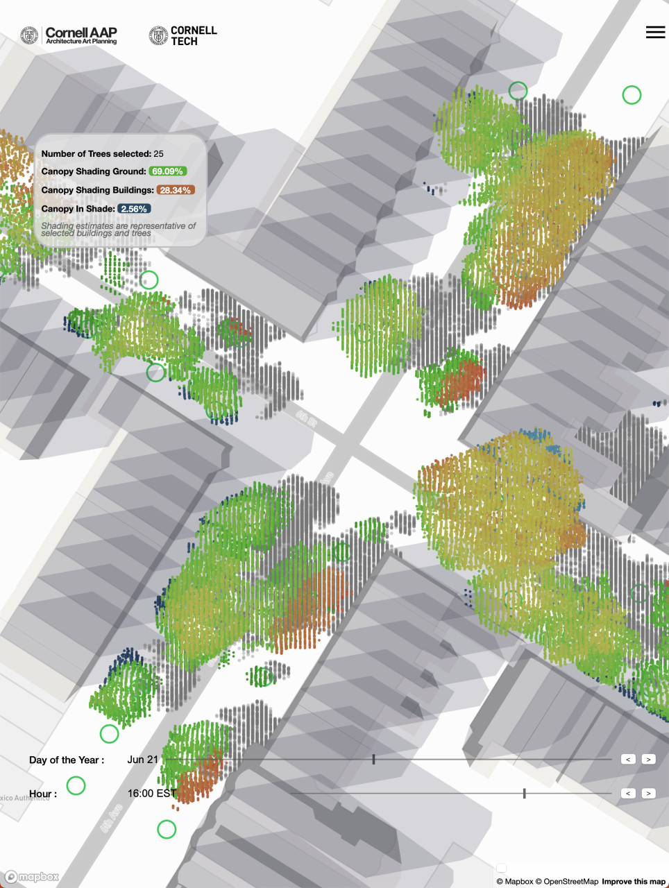 Aerial perspective of trees and buildings in a digital rendering showing how much shade trees are providing.