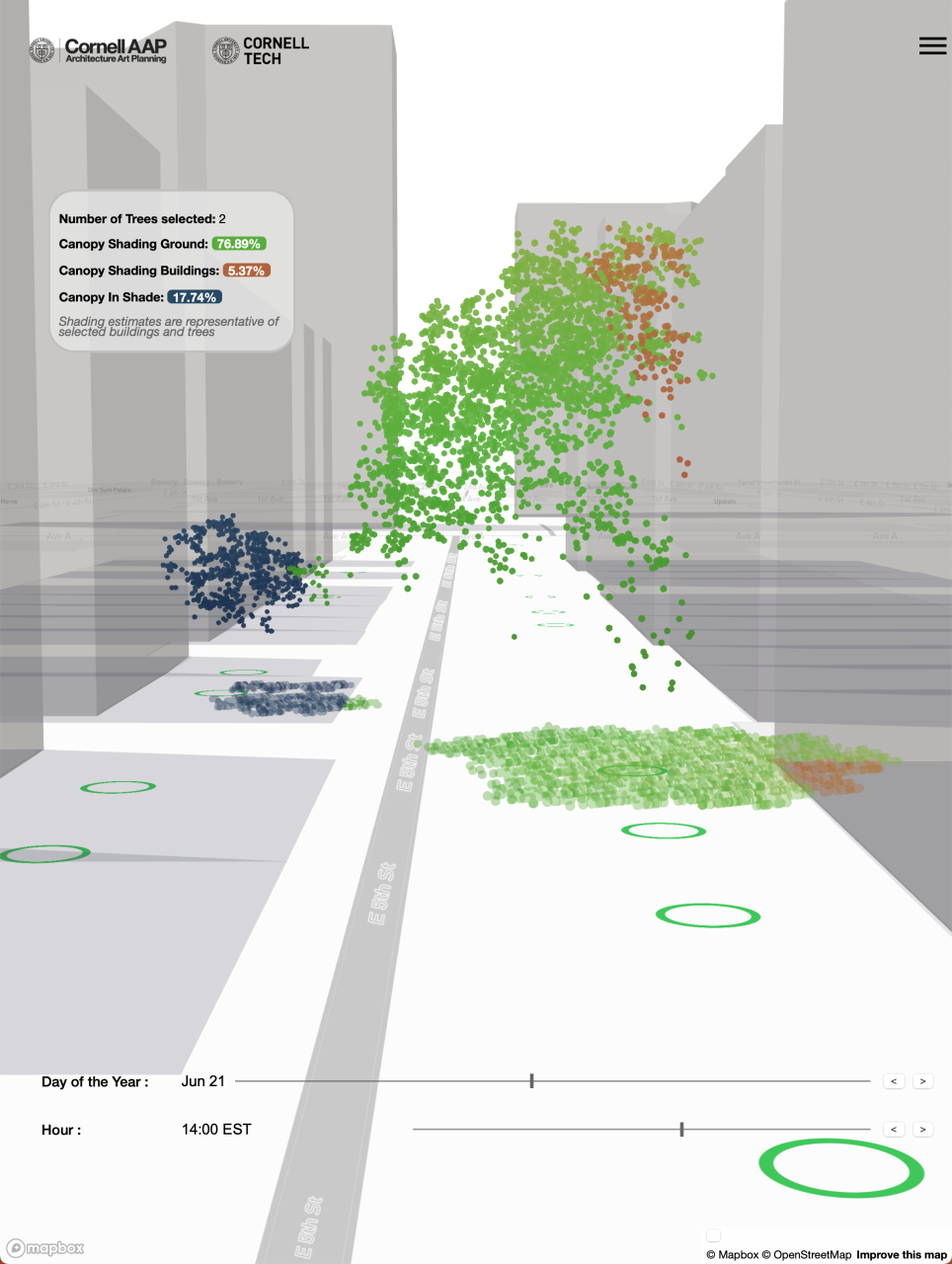 Image representing a 3D model of a tree in New York City. The points of the 3D model are colored dark blue if they are in the shade of a neighboring building and are green if they are shading a street.