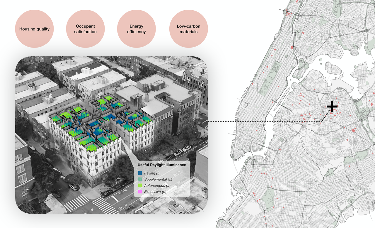 Info graphic showing a map of NYC highlighting the location of 312 buildings. A callout arial view shows daylight simulation results mapped onto one building floor plan.