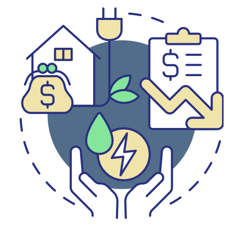  An iconographic image featuring elements of personal finance and energy efficiency: a house with a money bag, a plug with leaves, hands holding a lightning bolt, and a clipboard with a graph.