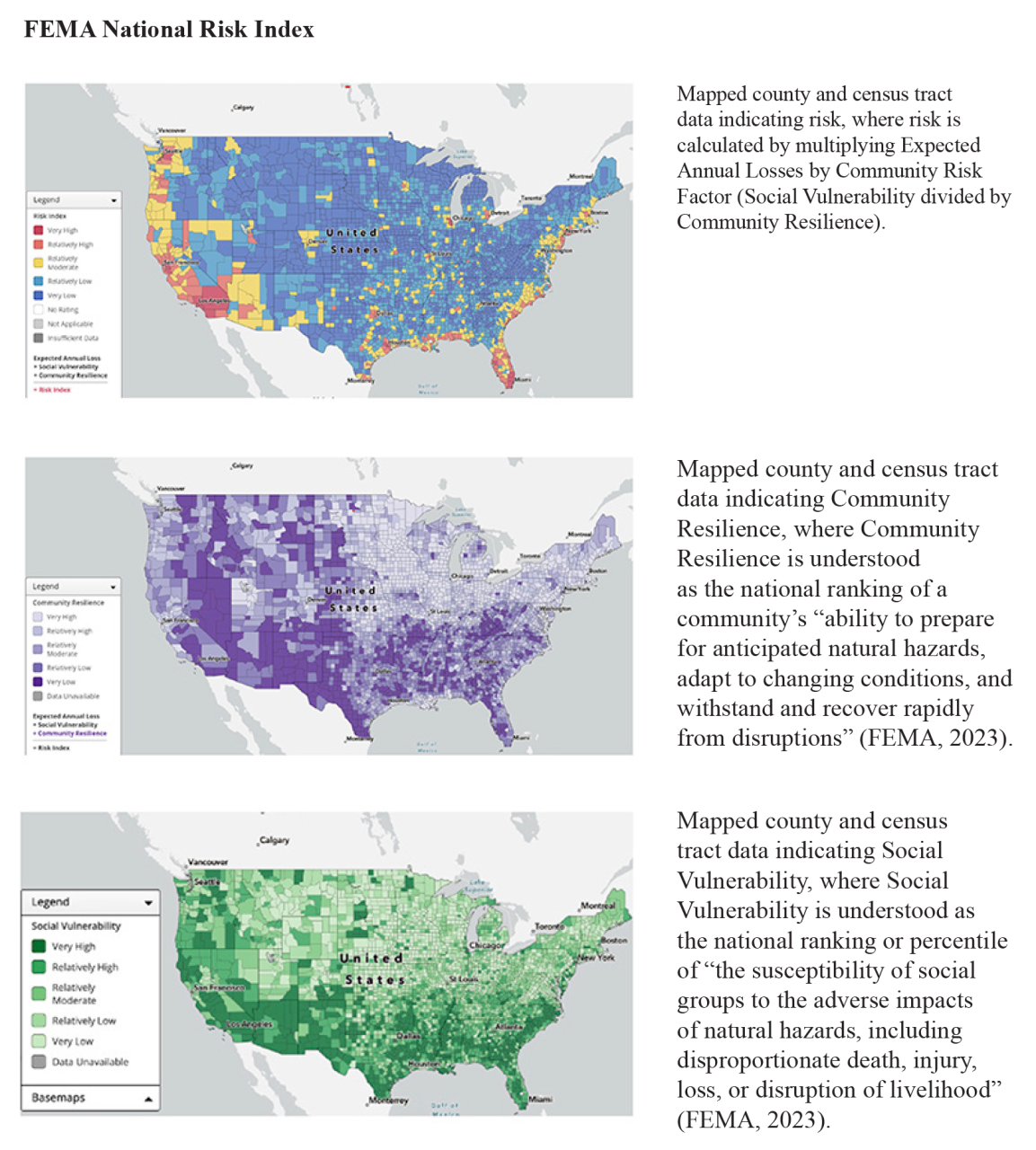 Three maps of FEMA risk index covering social vulnerability, community resilience, and potential losses.