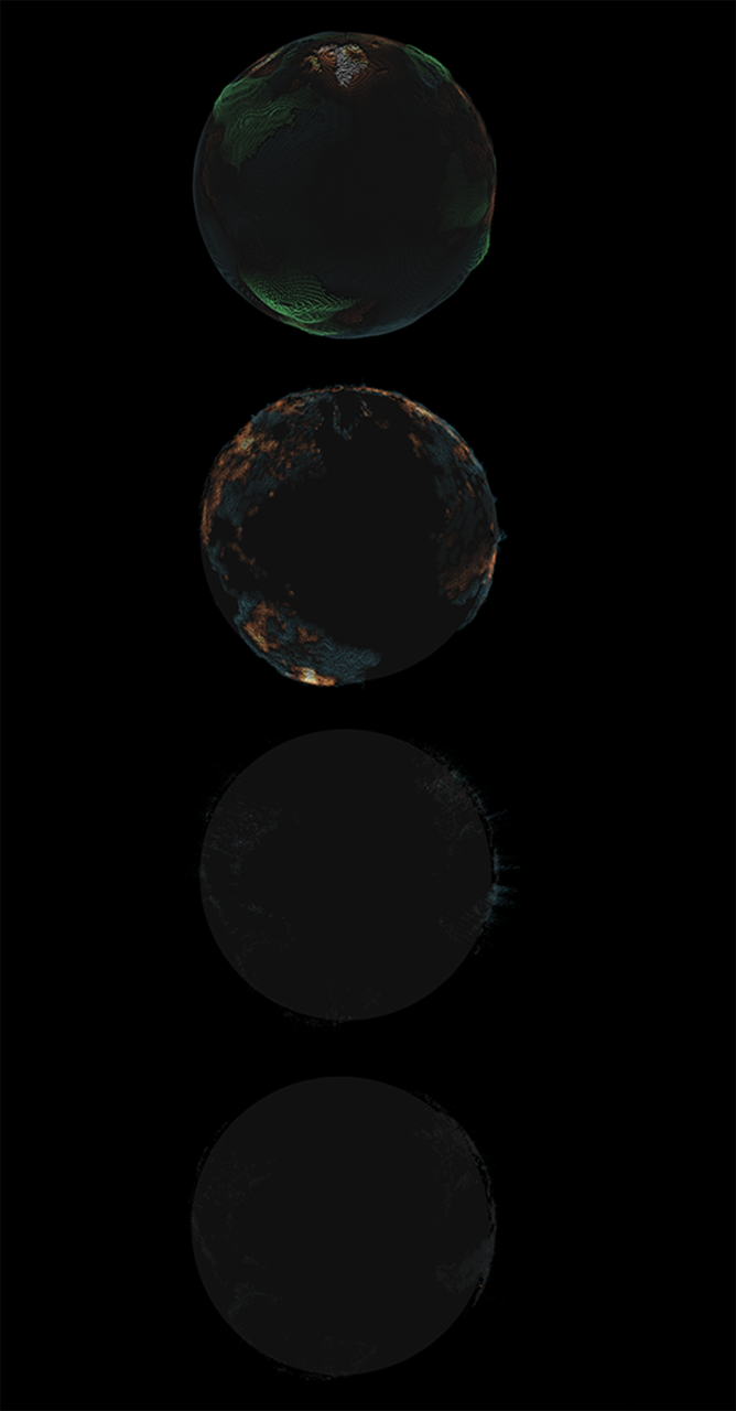 Visualization of four satellite views of the earth showing: change in gravitational force, change in ground water levels, changes in urban population, and urban areas.