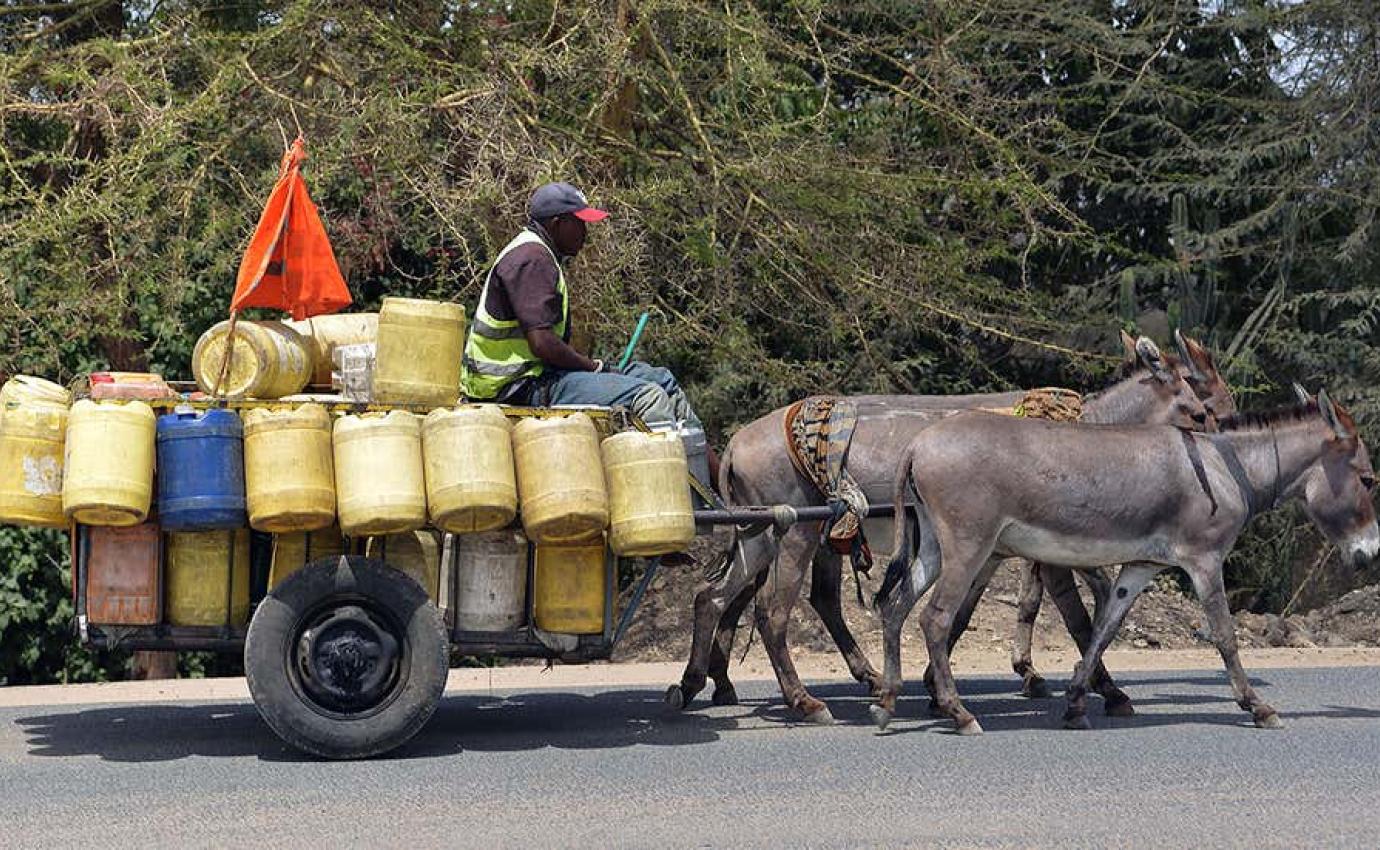 A water vendor in a donkey cart transports plastic jugs filled with water to hawk in the town of Athi River, about 18 miles outside Nairobi, Kenya, on March 21, 2019.