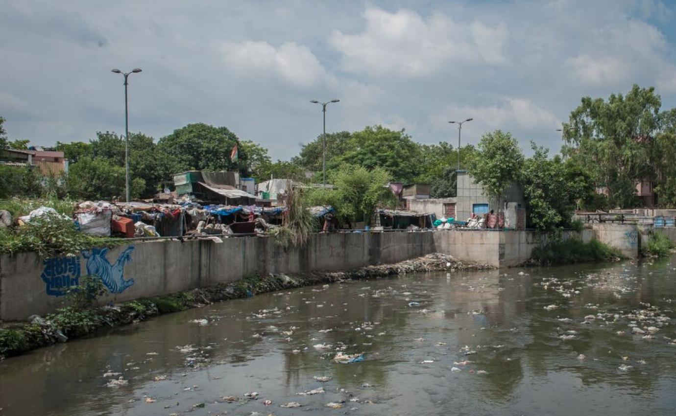 An open sewage drain in New Delhi, India.