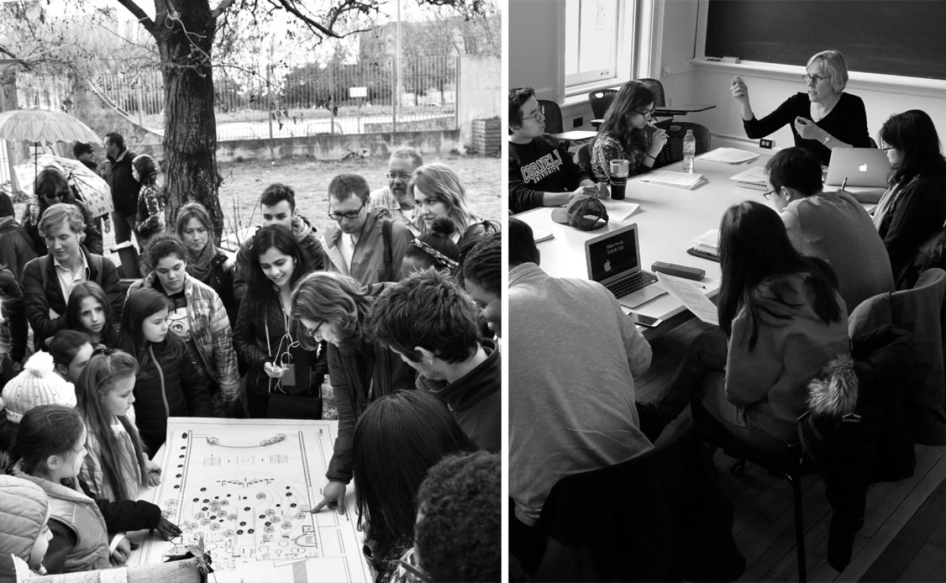 Left: URS students visit a youth planning and garden project in Scampia, a suburb of Naples, Italy, during the Cornell in Rome semester in spring 2017. Right: Warner leading her graduate research design class in Room 115, West Sibley Hall, spring 2018.