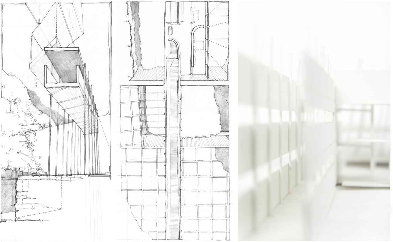 Model photo and technical hand drawing showing perspective section and plan of a dwelling