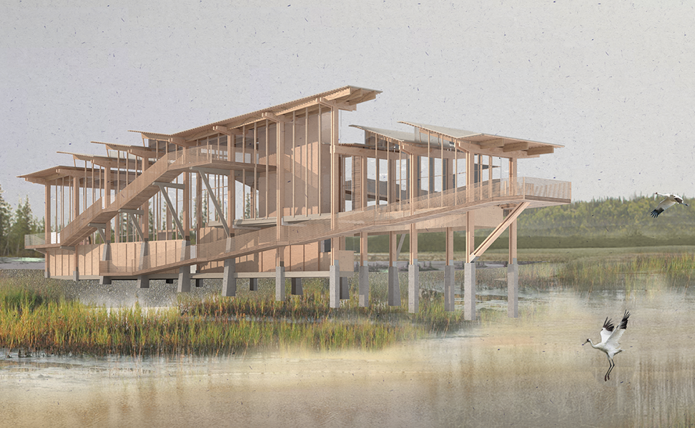 Rendering of a timber building branching over the shore of a lake with cranes approaching.