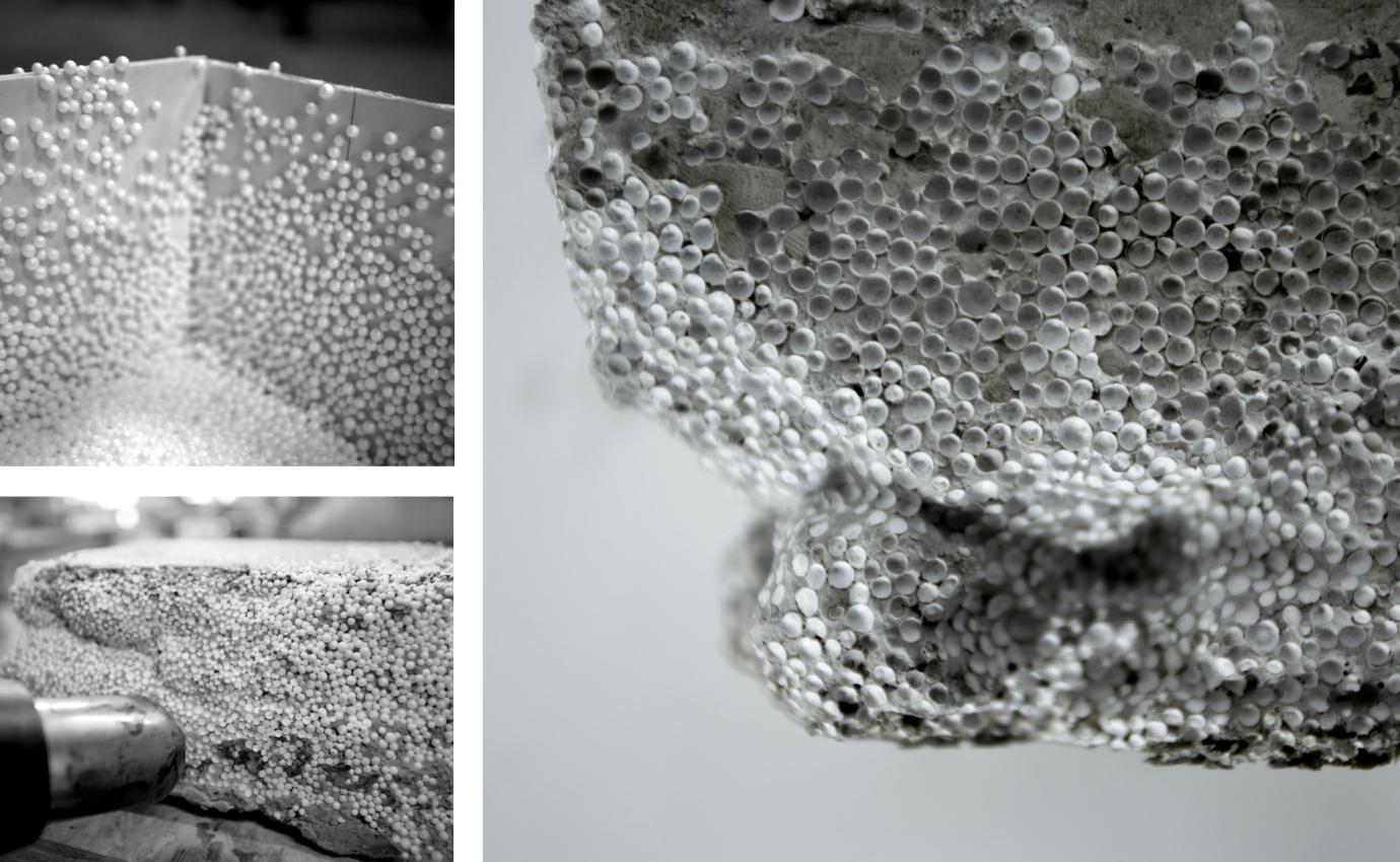 Three black and white photos of a concrete material sample using styrofoam as a formwork liner and the process of making it