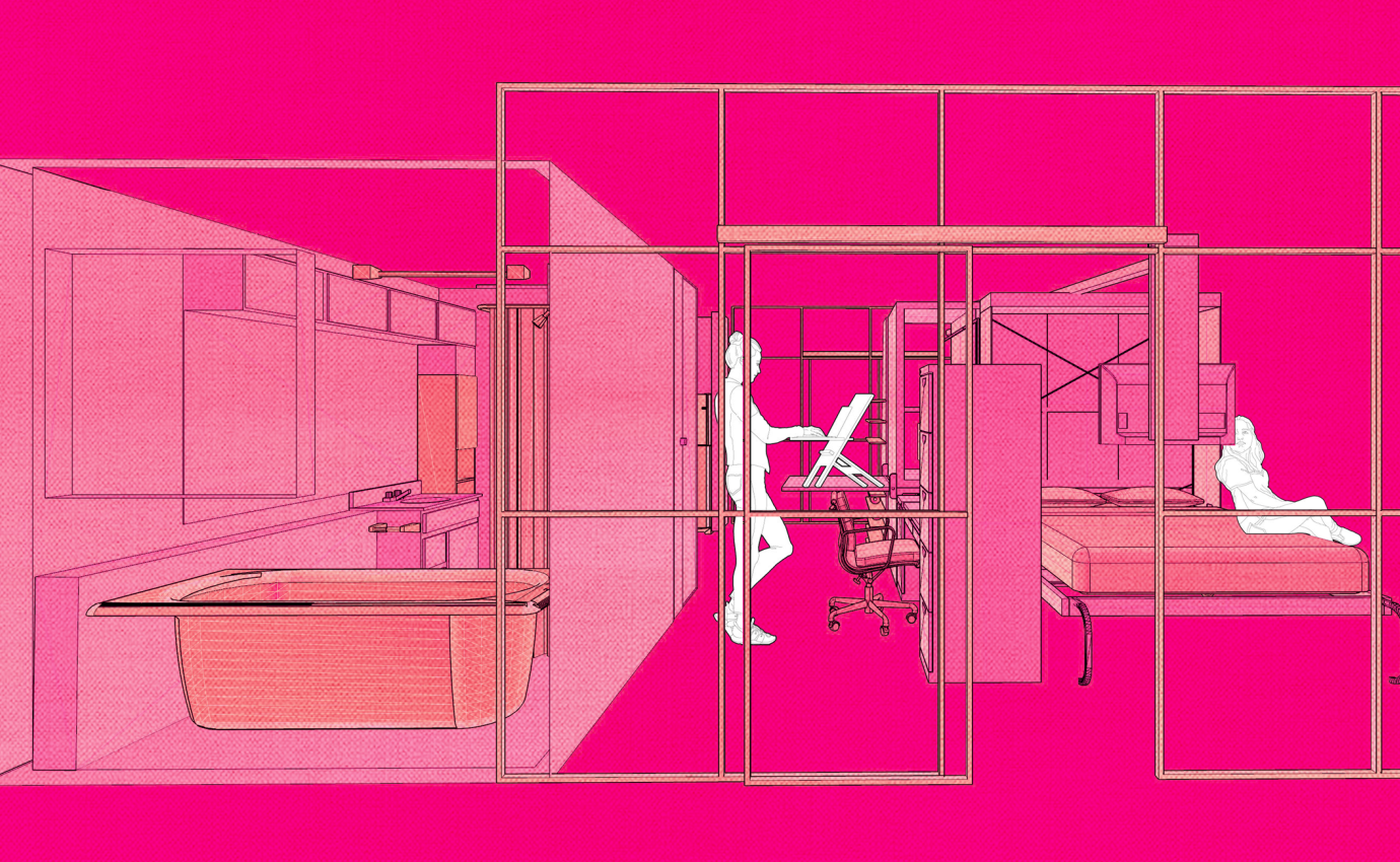 Schematic perspective drawing showing an apartment with one person working and another person sitting on the bed watching TV.