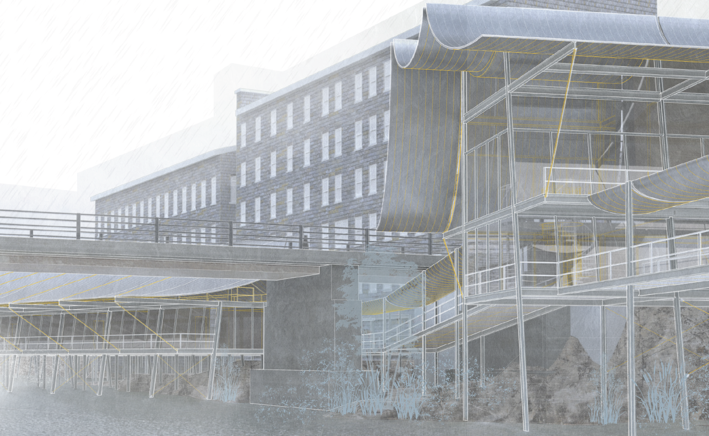 Perspective rendering showing old industrial building and contemporary addition