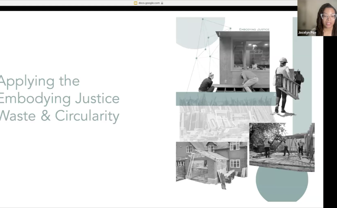 Image of Carbon Neutral Cities Alliance webinar on Embodying Justice in the Built Environment: Circularity in Pratice with Dr. Jocelyn Poe of the Reparative Praxis Lab presenting