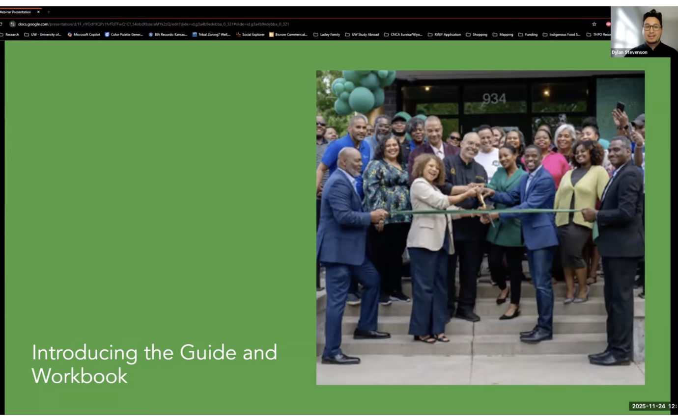 Screenshot of Dr. Dylan Stevenson presenting Volume II of Embodying Justice in the Built Environment
